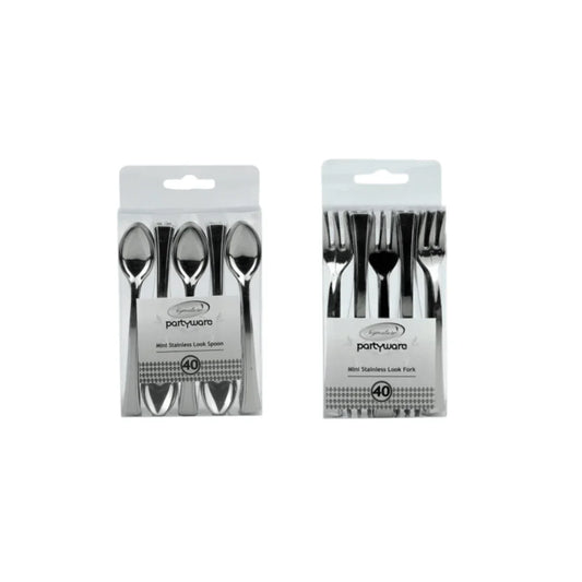 Two packs of Partyware mini stainless look spoons and forks, 40 pieces per pack.