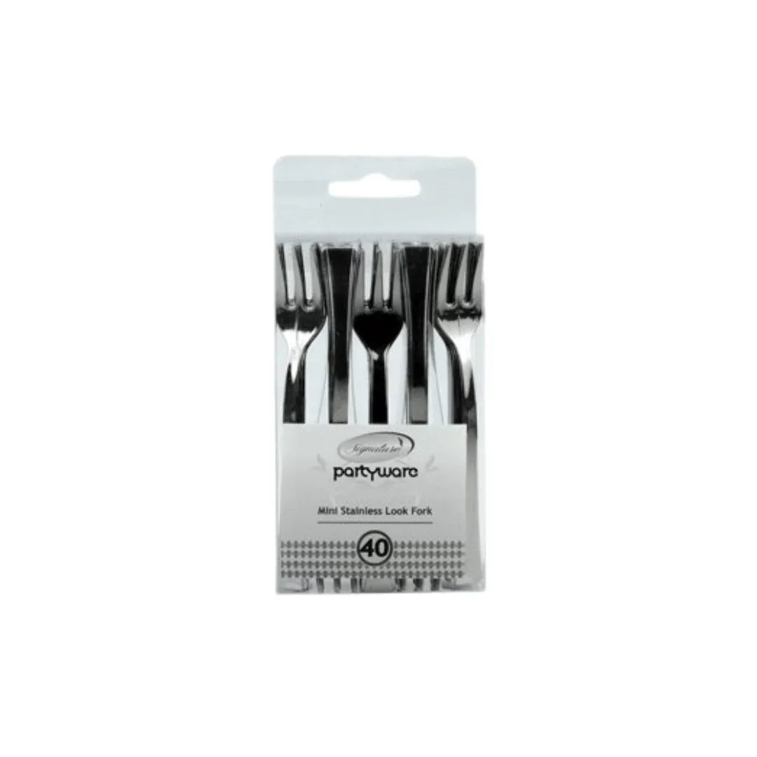 Pack of 40 Partyware mini stainless look plastic forks in clear packaging
