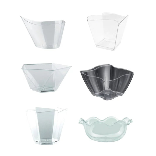 Assorted clear and smoked plastic catering bowls in various shapes and sizes