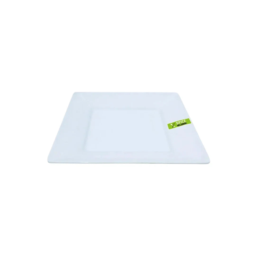 Square white melamine plate with a green SPICE brand label
