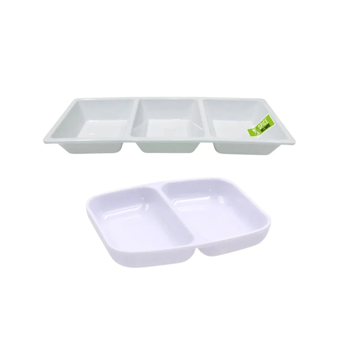 White plastic divided catering trays in two- and three-compartment sizes