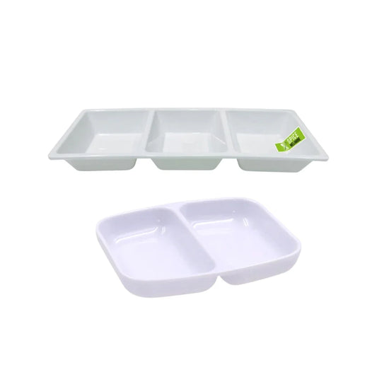 White plastic divided catering trays in two- and three-compartment sizes