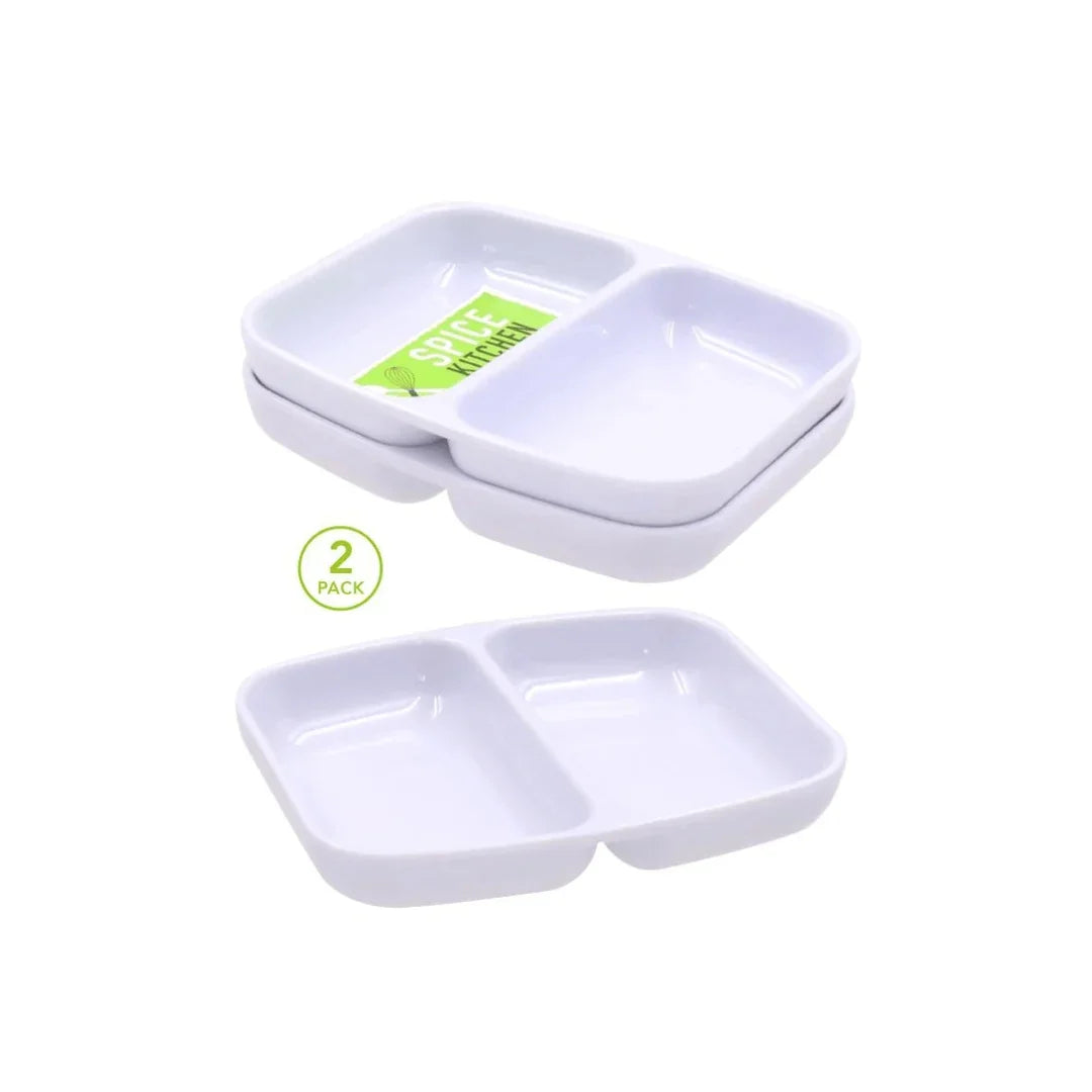 Two-pack of white plastic divided condiment trays for catering and food service