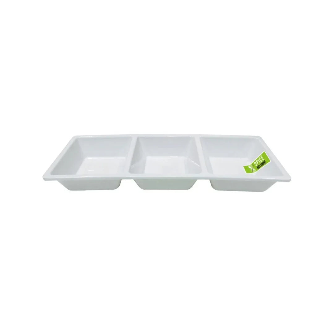 White plastic three-compartment condiment tray for catering and food service