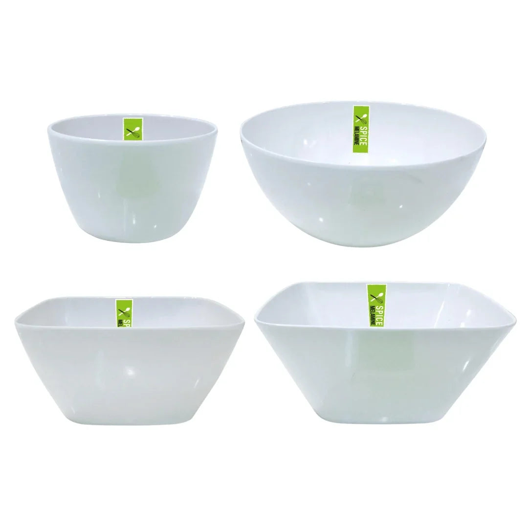 Four white plastic catering bowls in various sizes and shapes