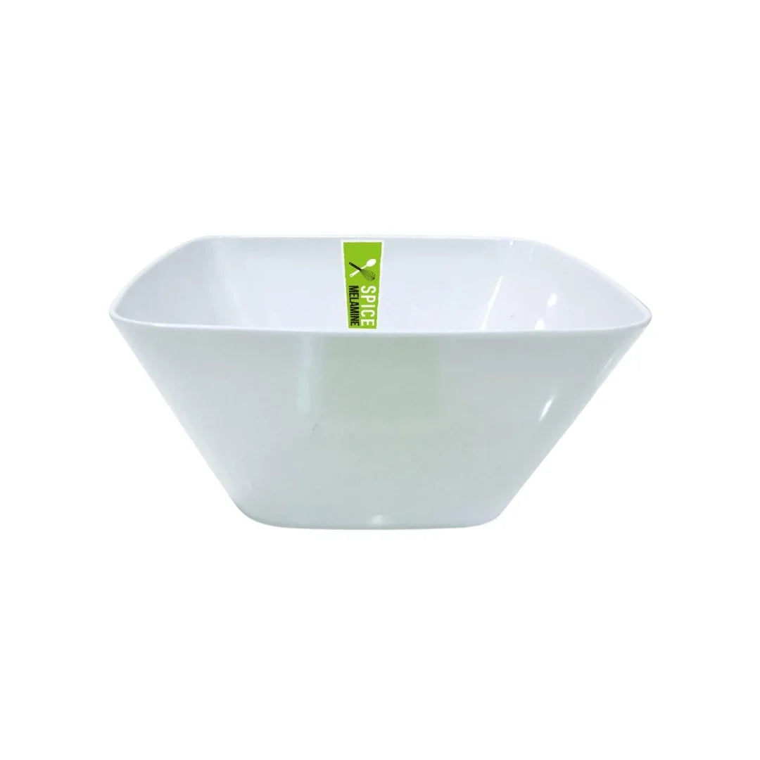 Square white plastic catering bowl with Spice brand label