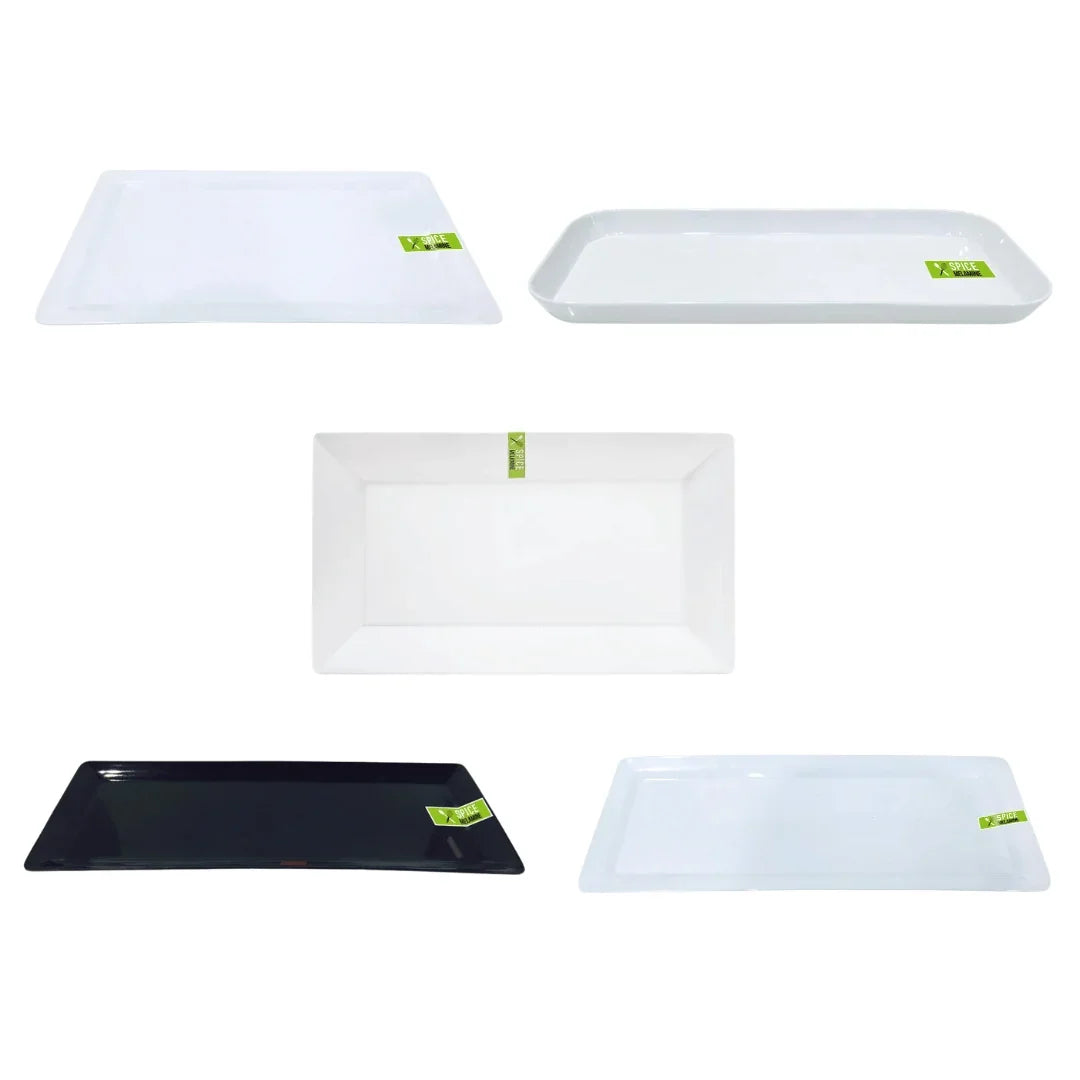 Selection of white and black rectangular plastic catering trays.