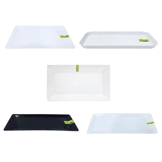 Selection of white and black rectangular plastic catering trays.