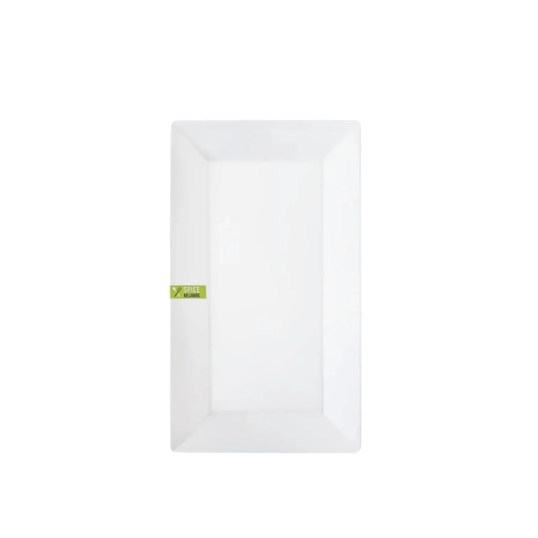 Rectangular white melamine serving platter on a white background