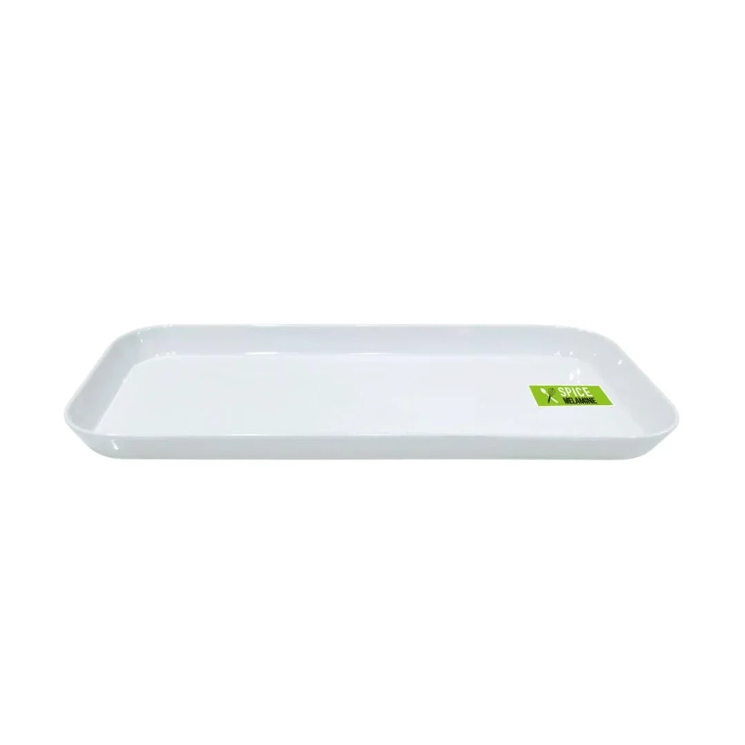Rectangular white plastic serving tray with a green Spice label