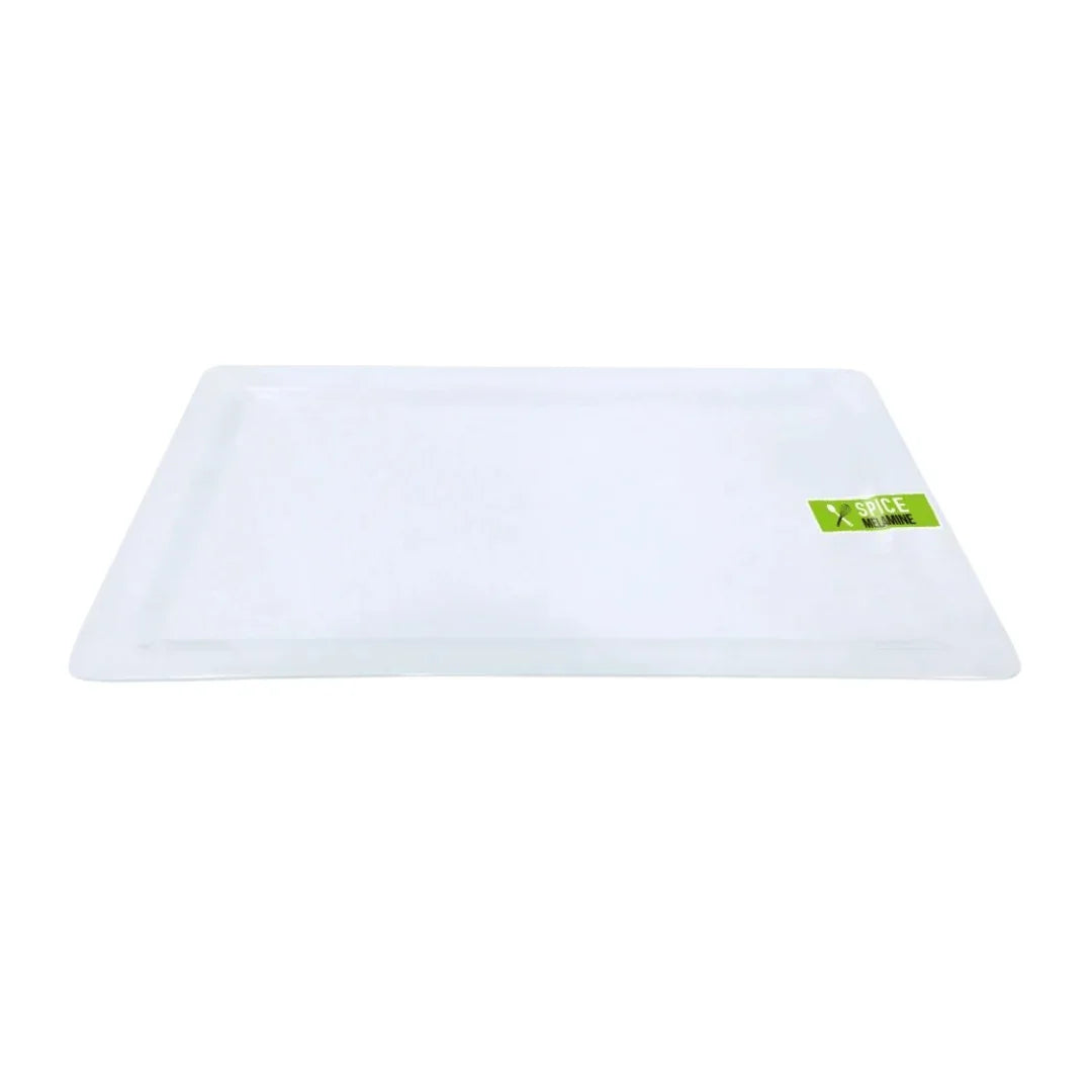 Clear plastic rectangular catering tray with a small green label