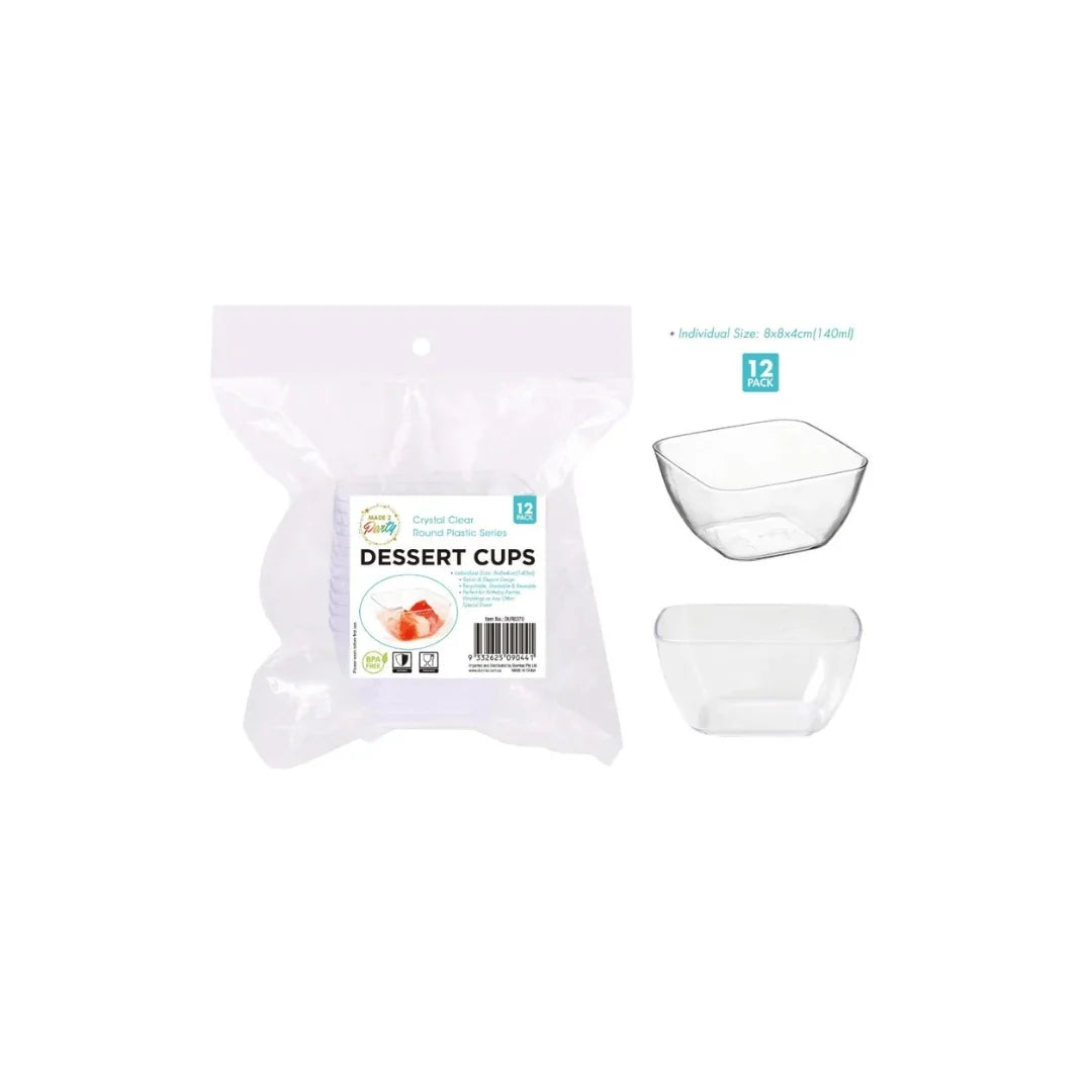 Pack of 12 crystal clear round plastic dessert cups with two sample bowls shown separately.