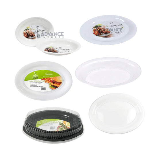 Variety of white and black plastic oval serving platters and bowls with lids