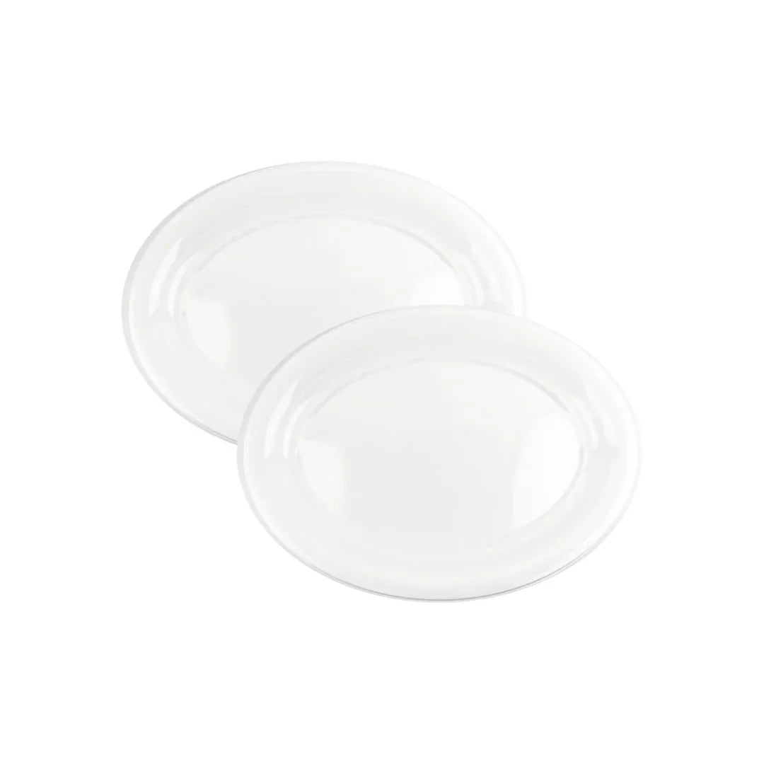 Two clear disposable plastic plates for catering and party supplies.