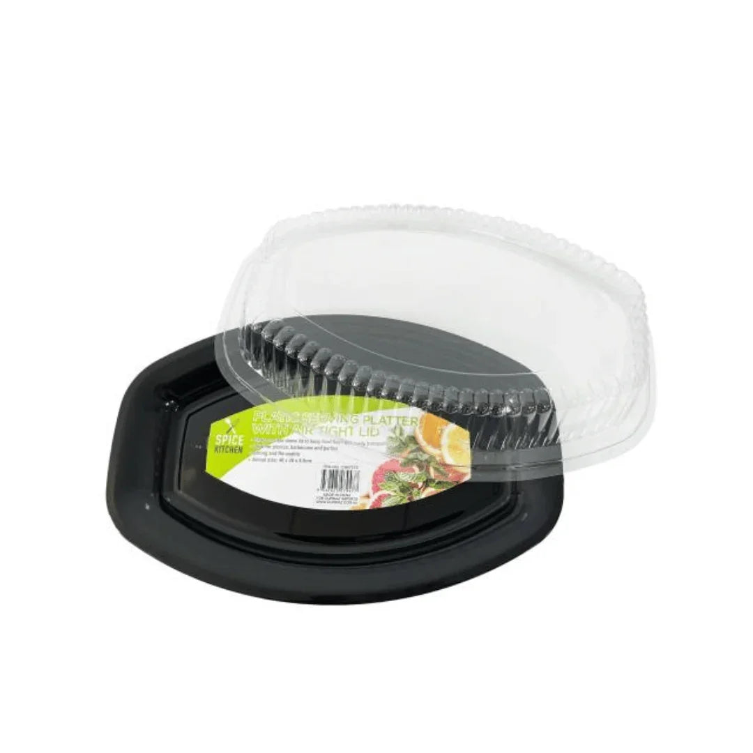Black plastic serving platter with a clear airtight lid