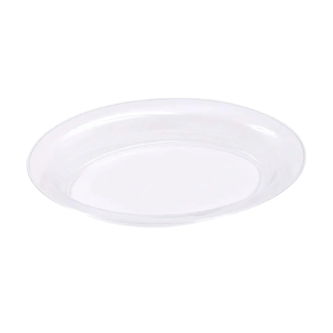 Clear plastic disposable catering plate on a white background