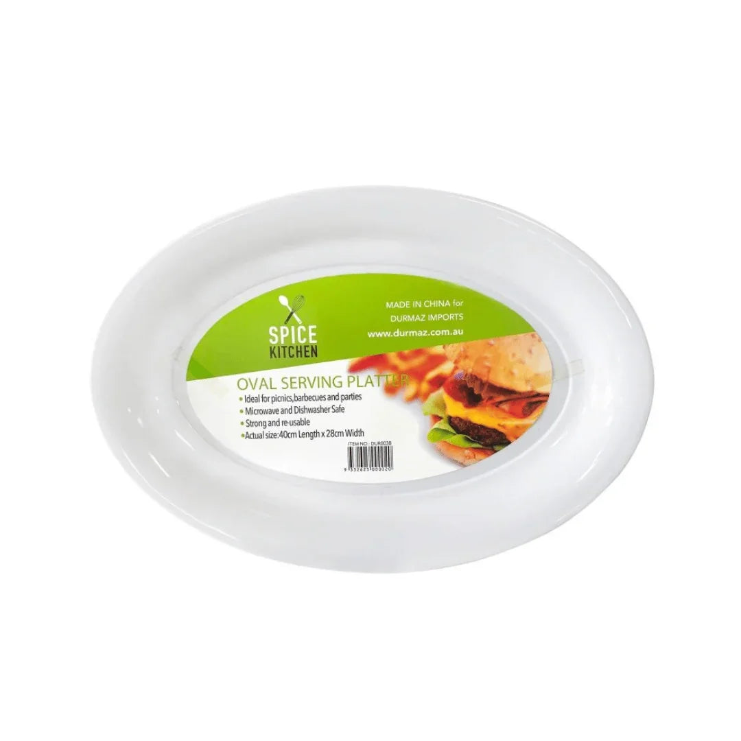 Spice Kitchen white plastic oval serving platter with product label