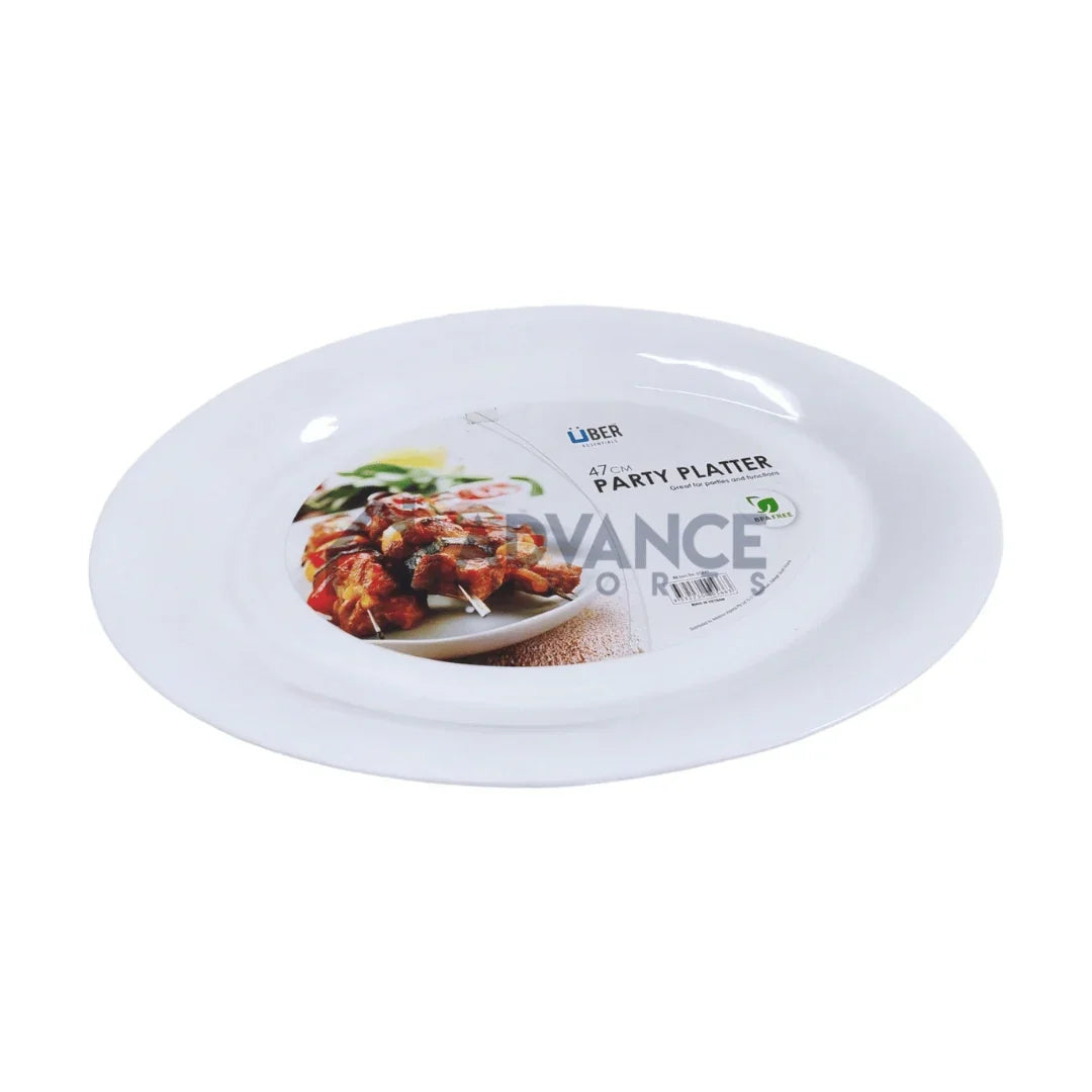 White 47cm plastic party platter with food imagery on the center label