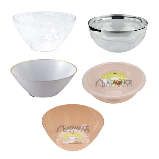 Assorted clear and tinted plastic salad bowls with and without lids