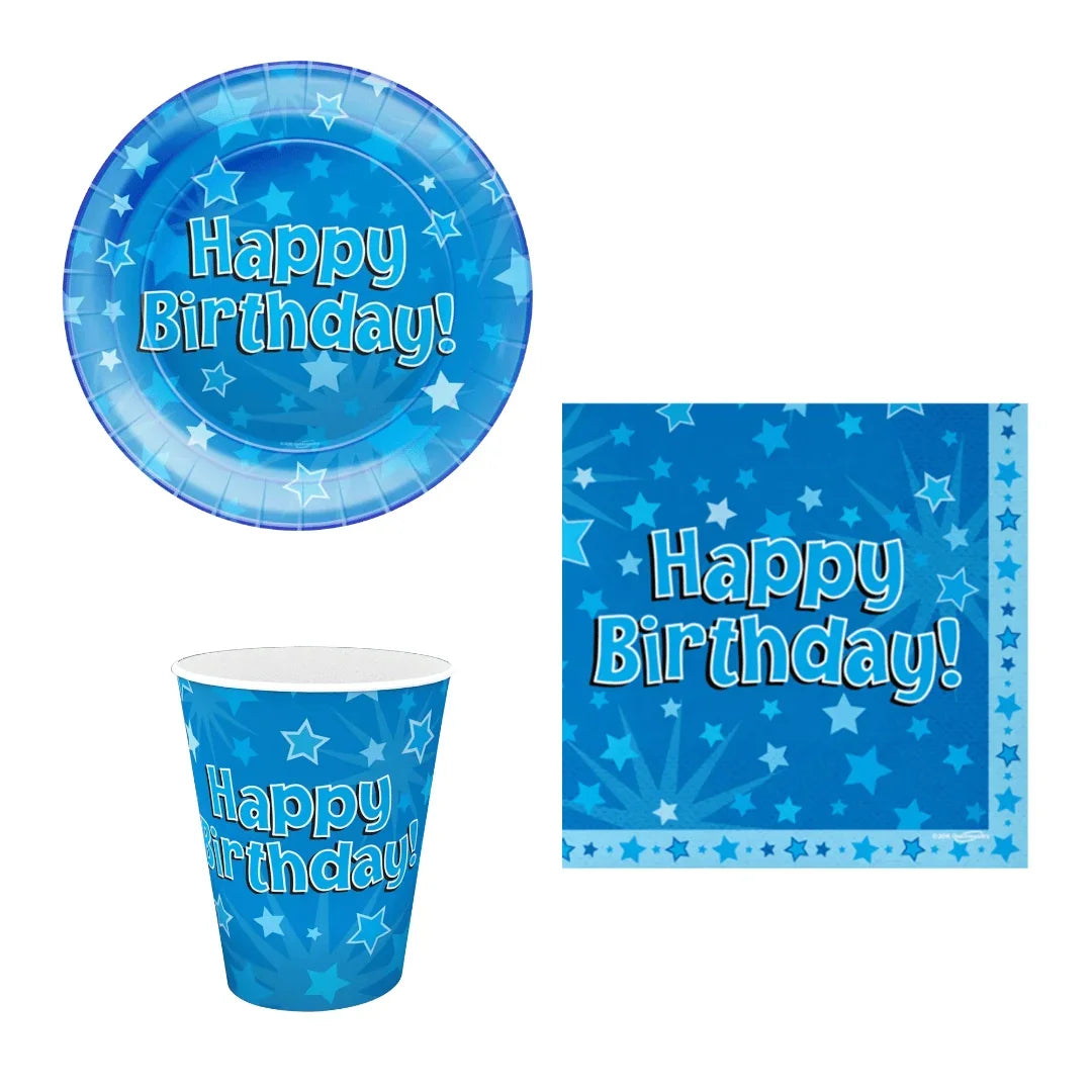 Blue Happy Birthday themed disposable party set including a plate, napkin, and cup.