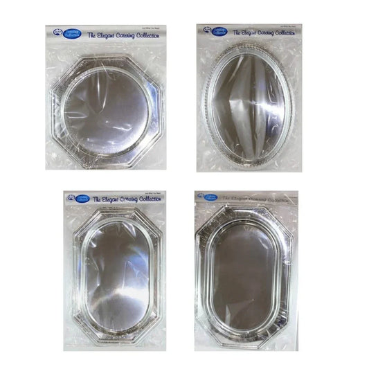 Four silver plastic catering platters in protective packaging from The Elegant Catering Collection