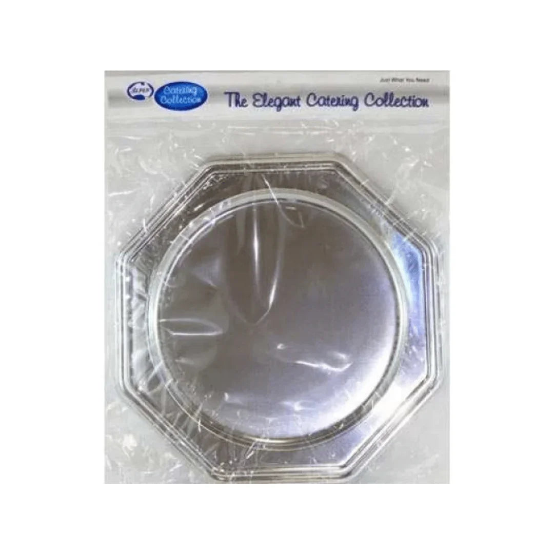Octagonal silver foil catering platter in clear plastic packaging