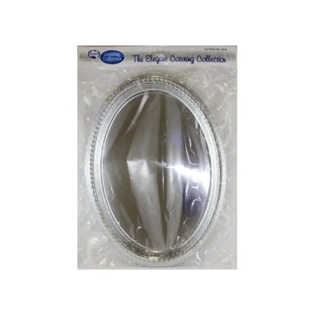Silver oval catering platter from The Elegant Catering Collection in plastic packaging