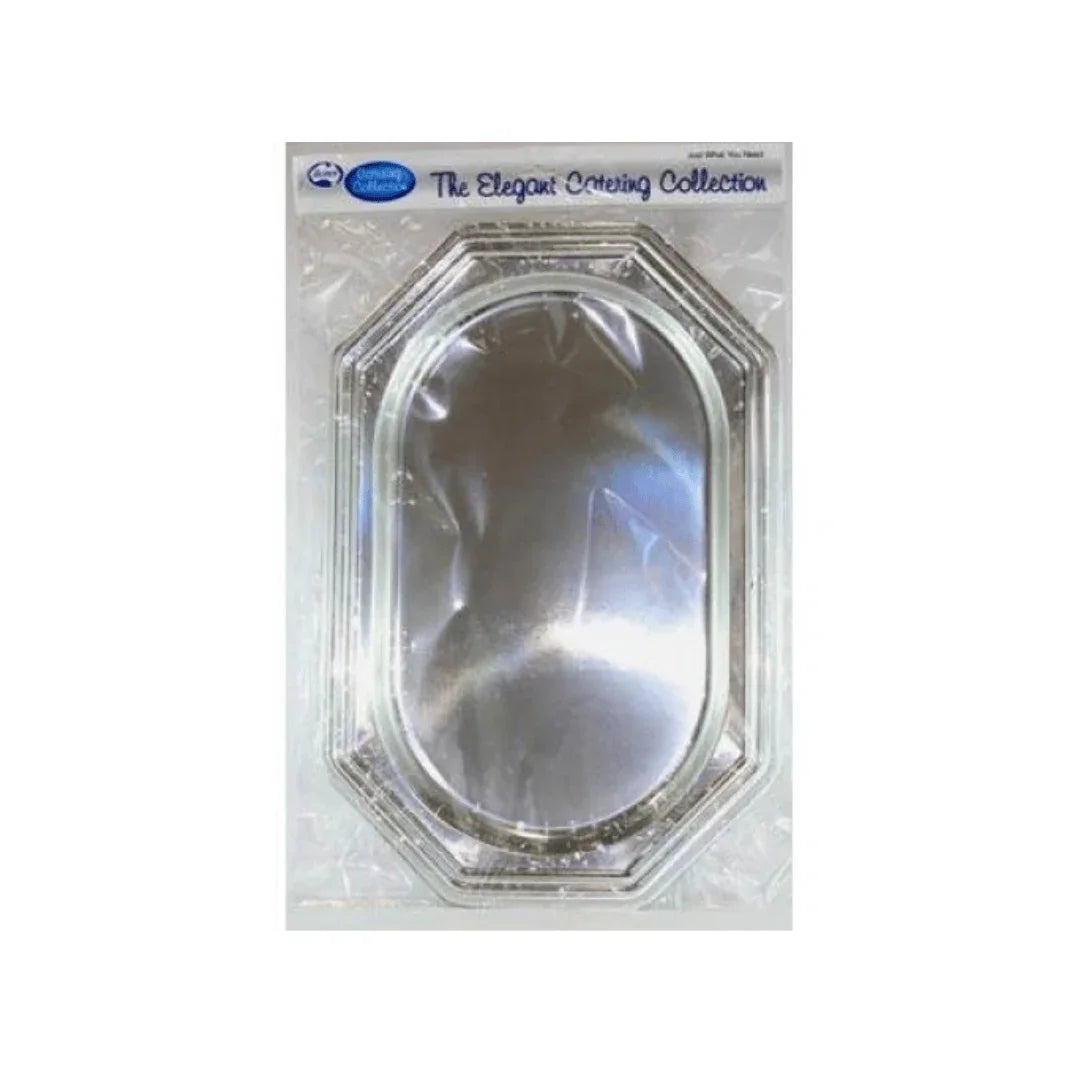 Oval silver catering platter from The Elegant Catering Collection in clear plastic packaging