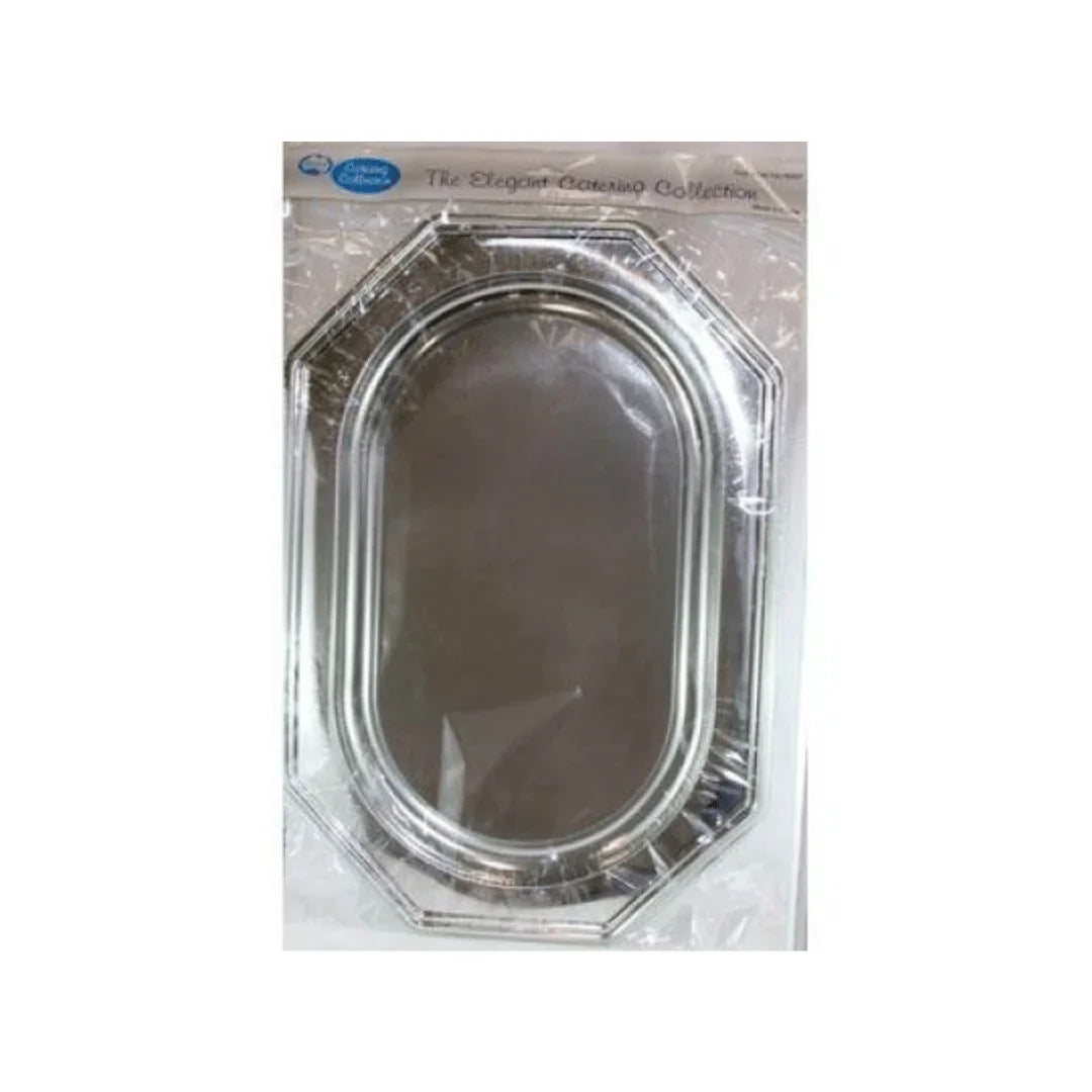 Silver oval catering platter from The Elegant Catering Collection in plastic packaging