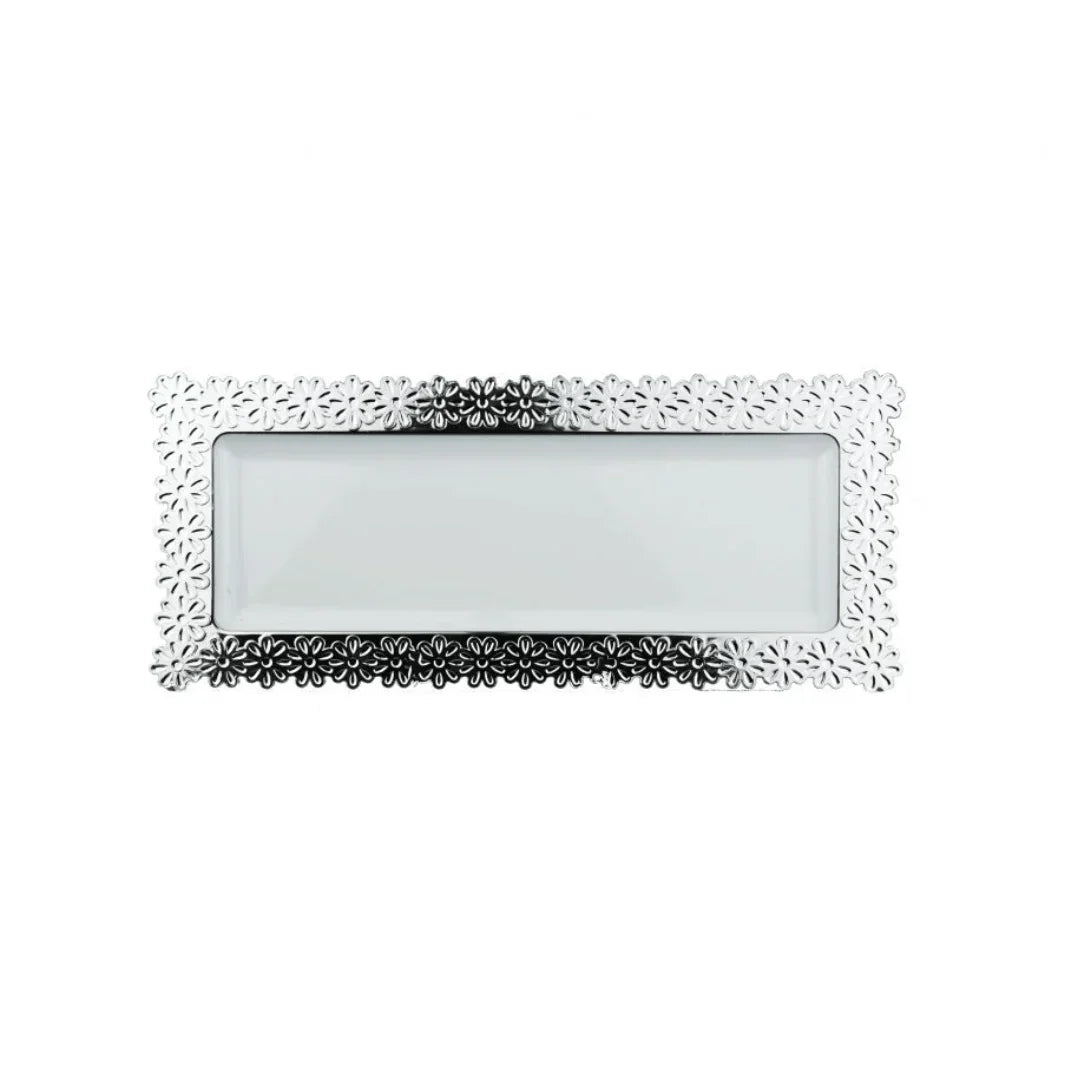 Rectangular silver decorative tray with an ornate floral lace border and white insert
