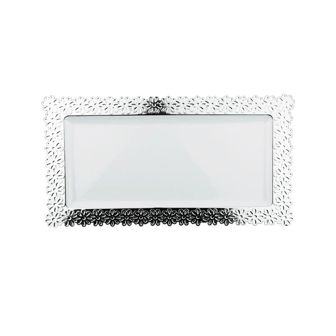 Rectangular silver mirror with an ornate floral filigree frame