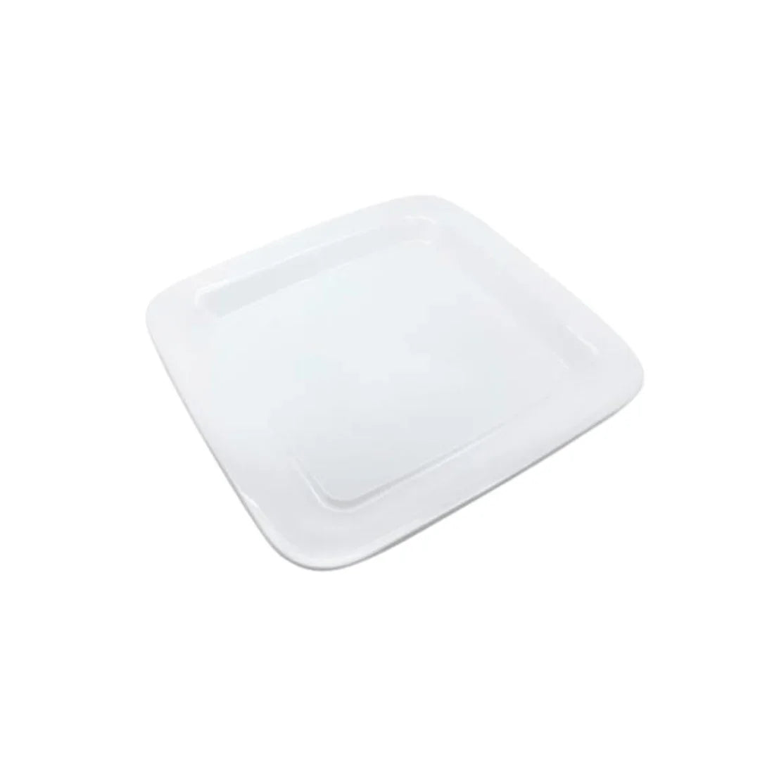 White square disposable plastic catering tray on a white background