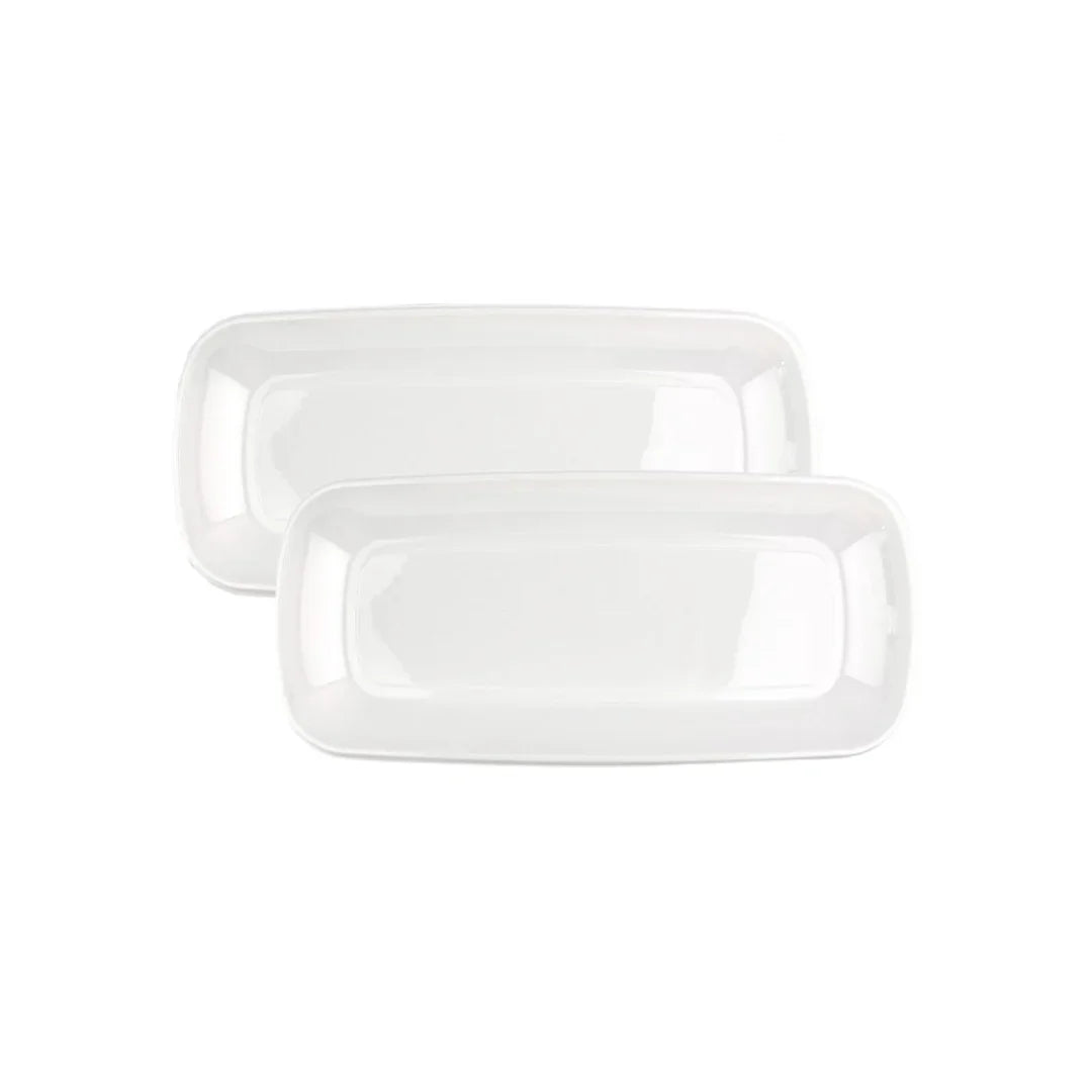 Two rectangular white plastic serving trays on a white background