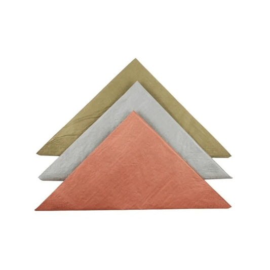 Three folded triangular napkins in gold, silver, and copper metallic colors.