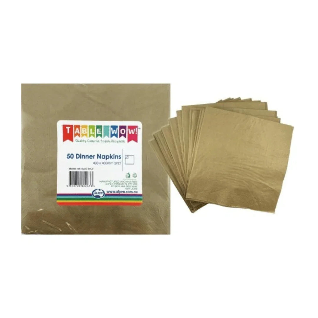 Pack of 50 gold Table Wow dinner napkins with a side stack of loose napkins.