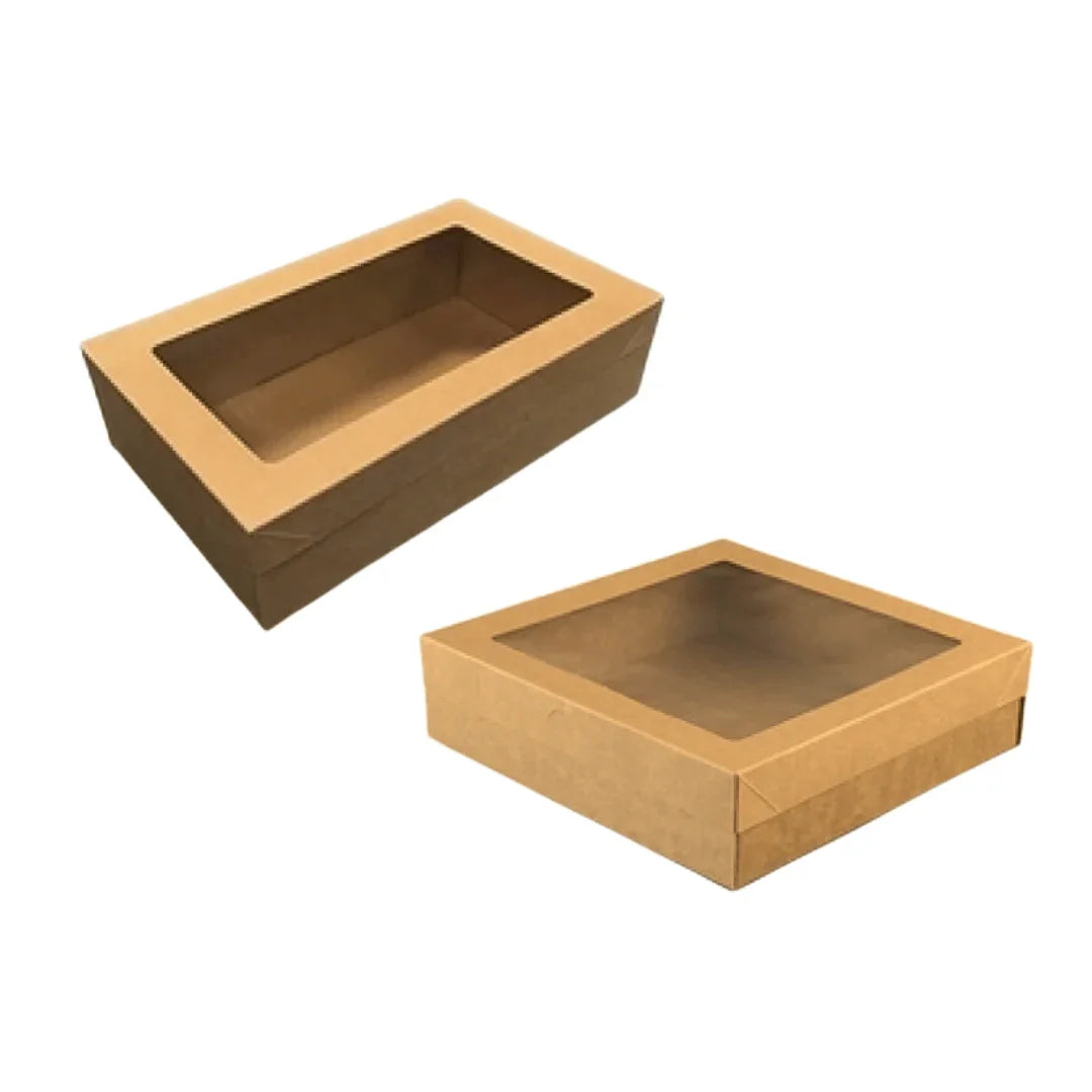 Two brown kraft paper packaging boxes with clear window lids