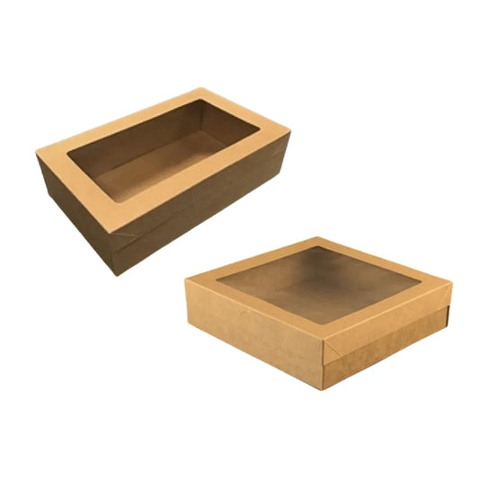 Two brown kraft paper packaging boxes with clear window lids
