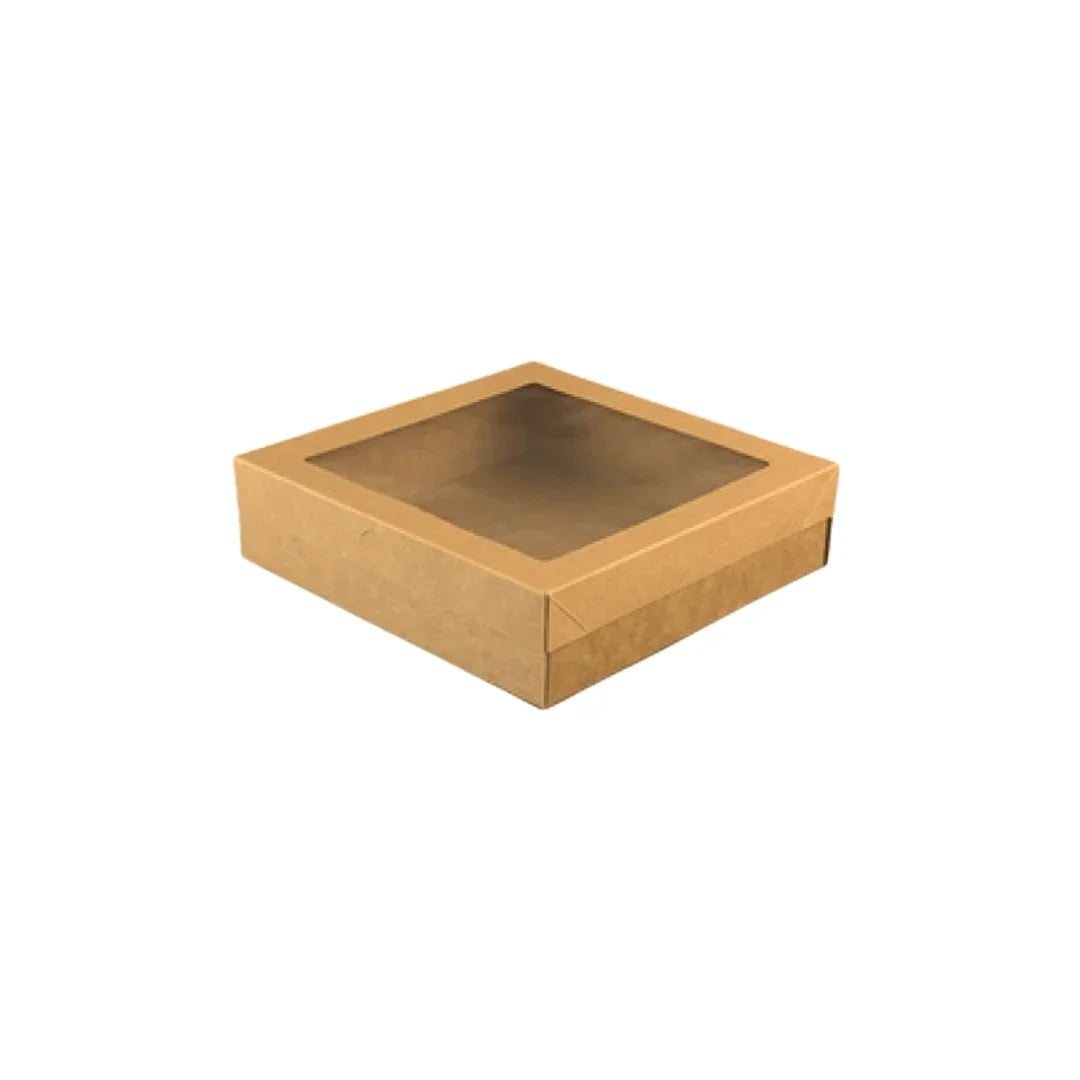 Brown kraft paper catering box with a clear window lid