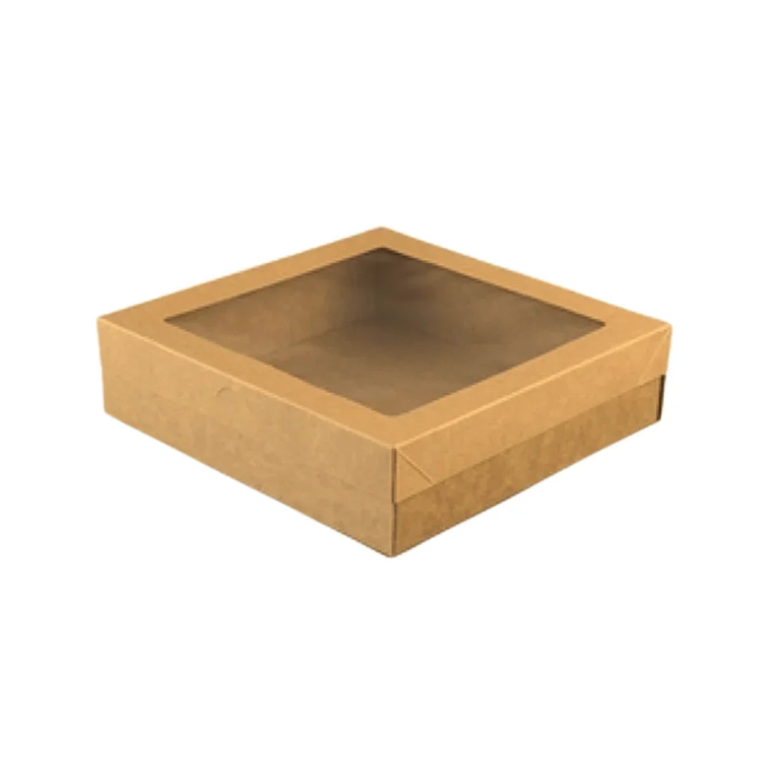 Brown kraft paper catering box with a transparent window lid