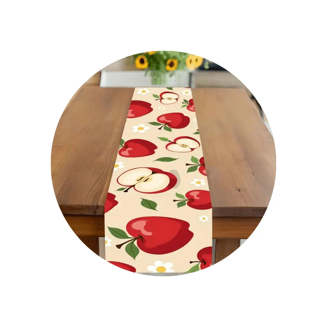Apple print table runner on a wooden dining table
