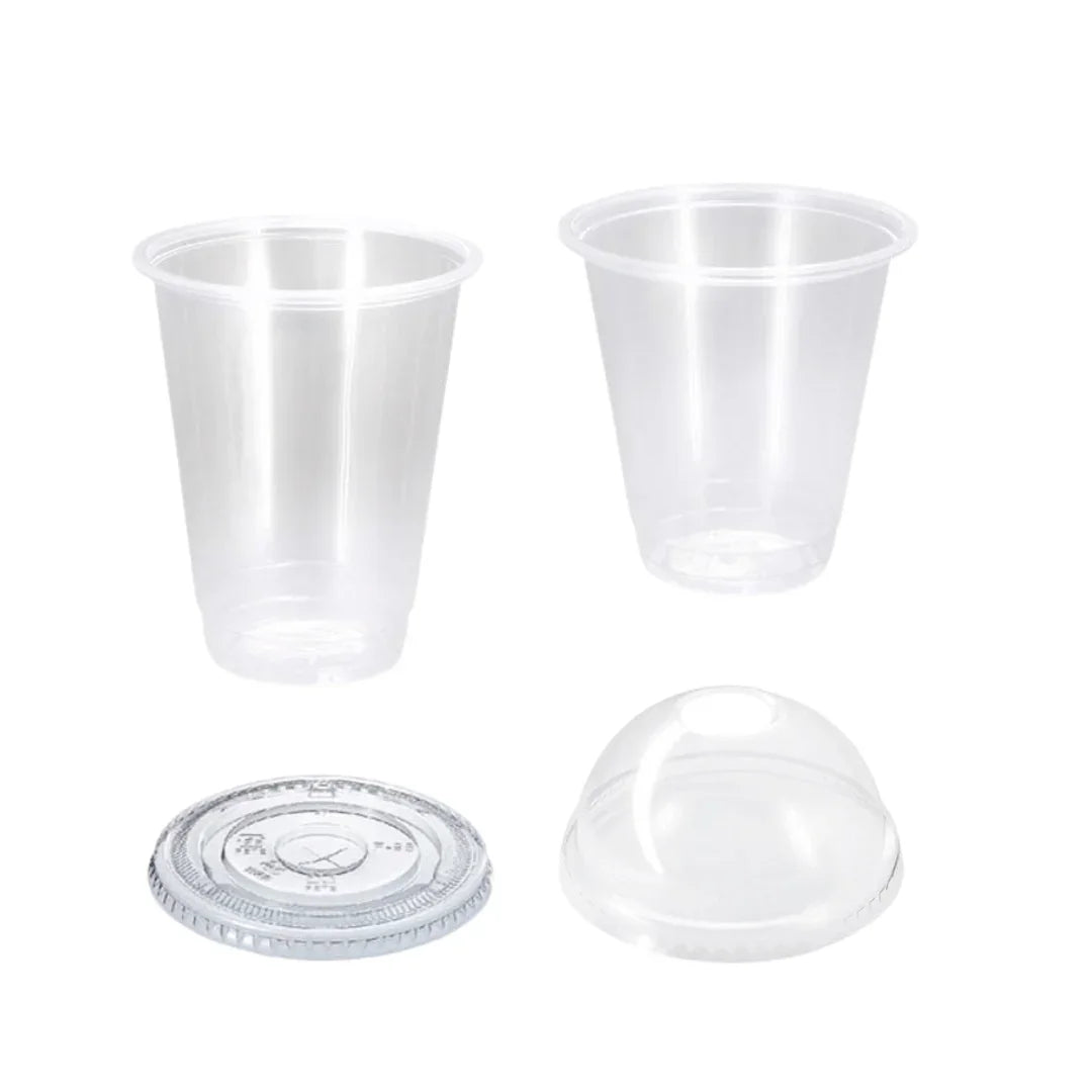 Clear plastic disposable cups with a flat lid and a dome lid