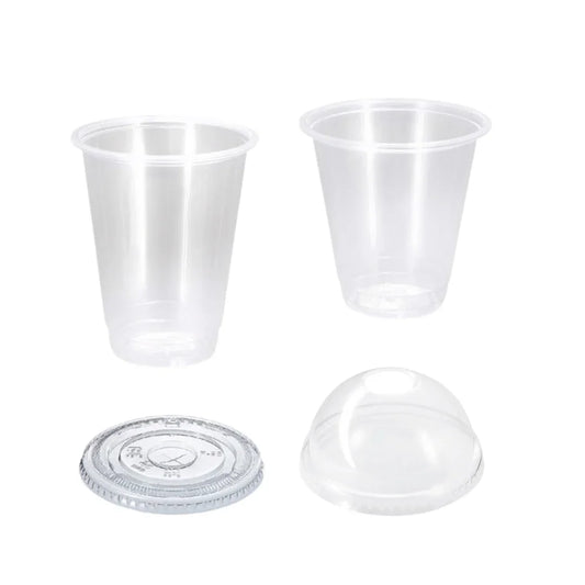 Clear plastic disposable cups with a flat lid and a dome lid