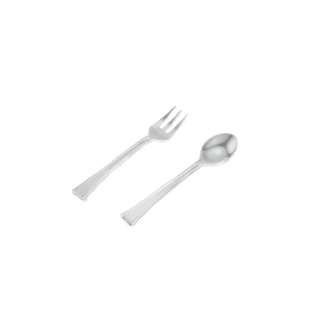 Disposable clear plastic fork and spoon set on a white background