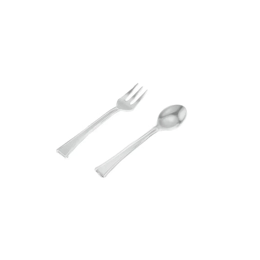 Disposable clear plastic fork and spoon set on a white background