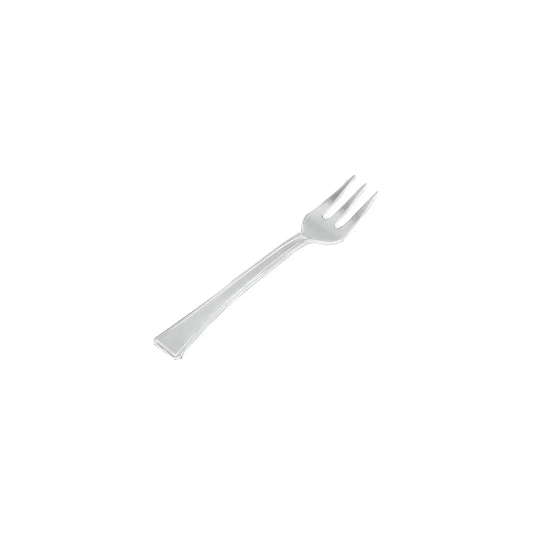 Clear plastic disposable fork on a white background