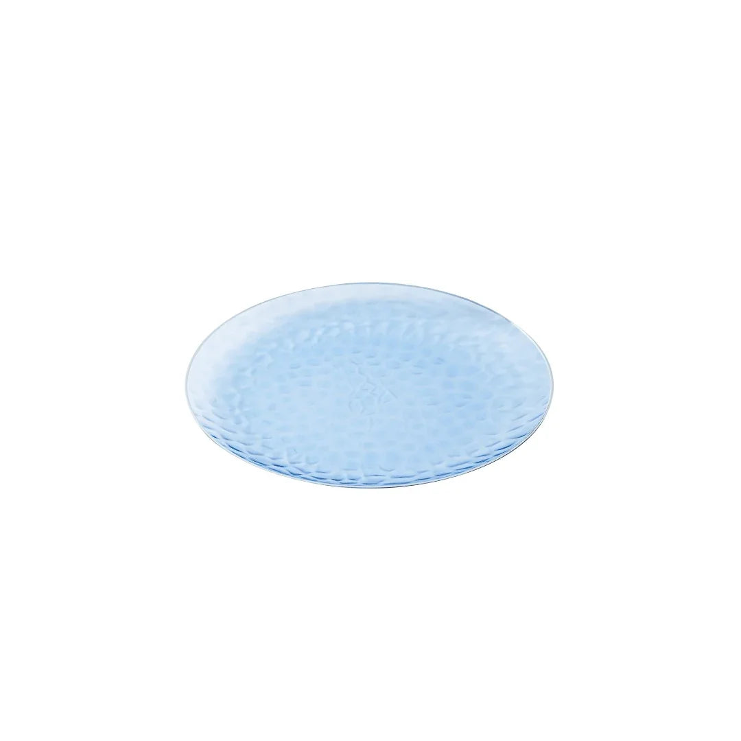 Light blue textured plastic disposable plate on a white background