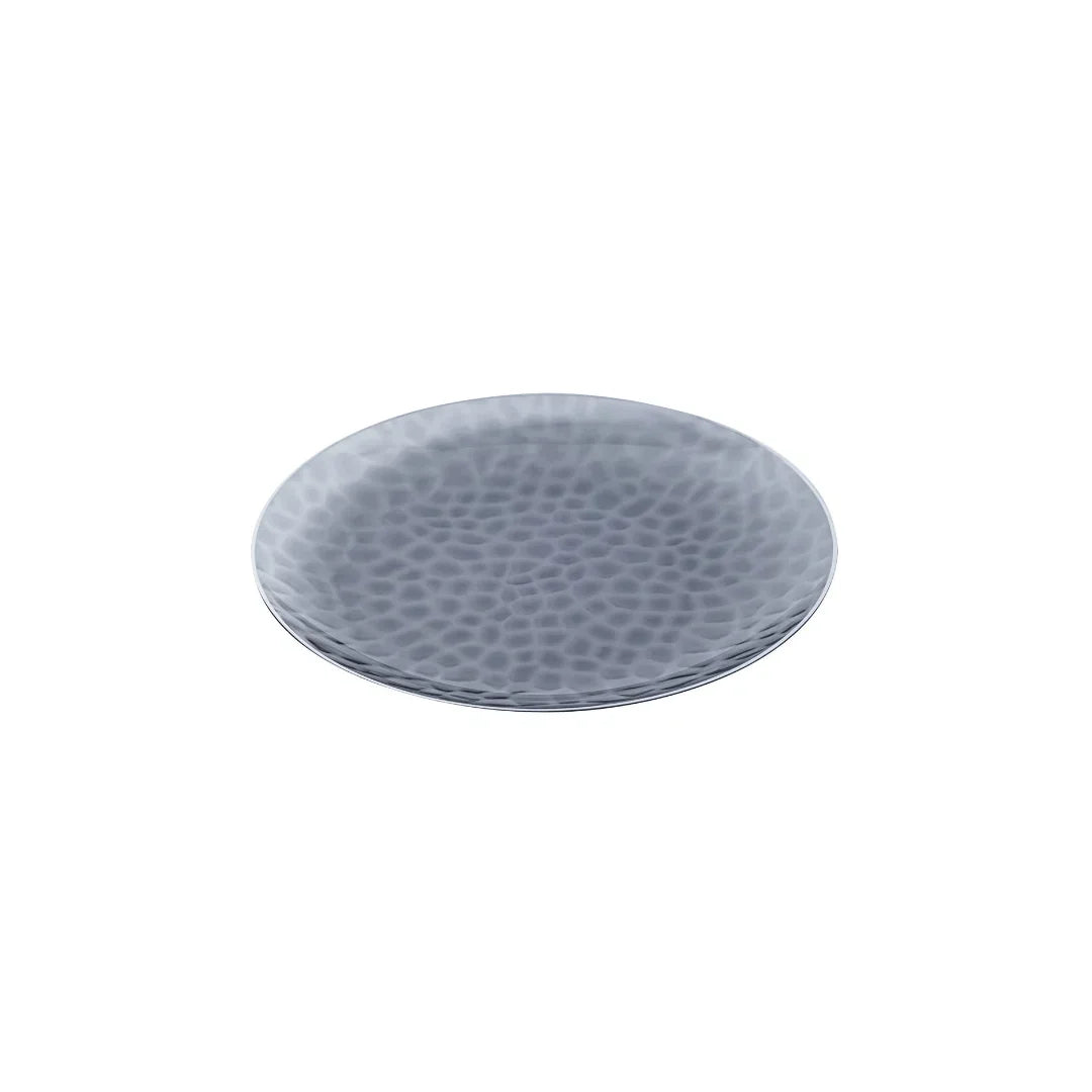 Silver hammered effect round disposable plastic plate on a white background