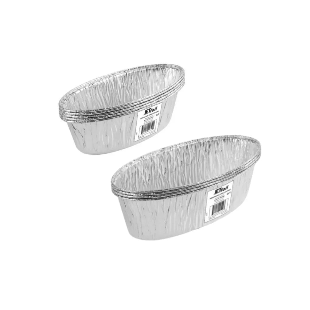 Two oval disposable aluminum foil baking pans for catering and food packaging.
