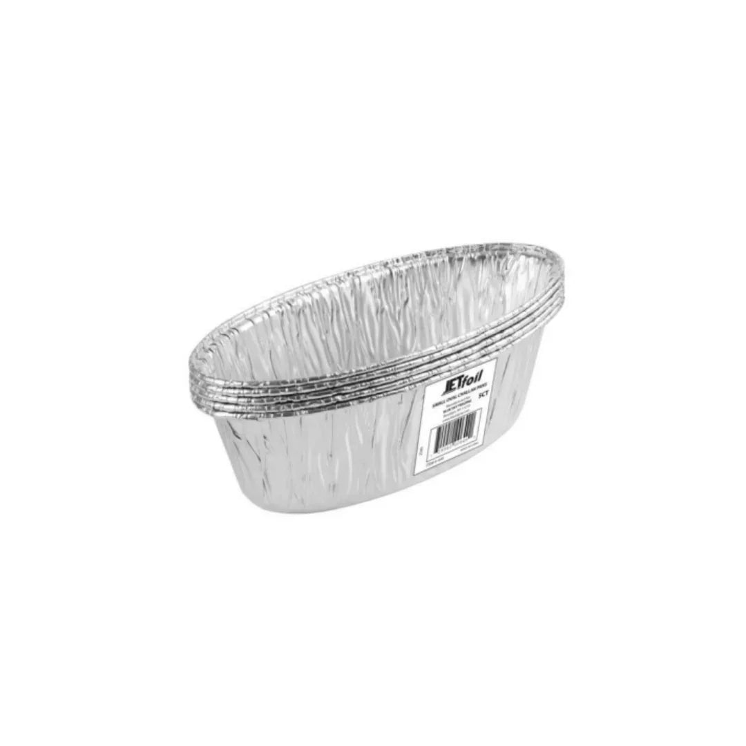 Stack of oval disposable aluminum foil catering trays
