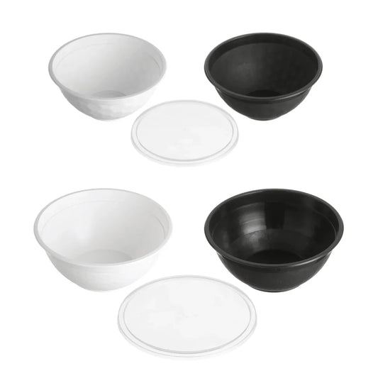 Disposable white and black plastic bowls with matching clear lids